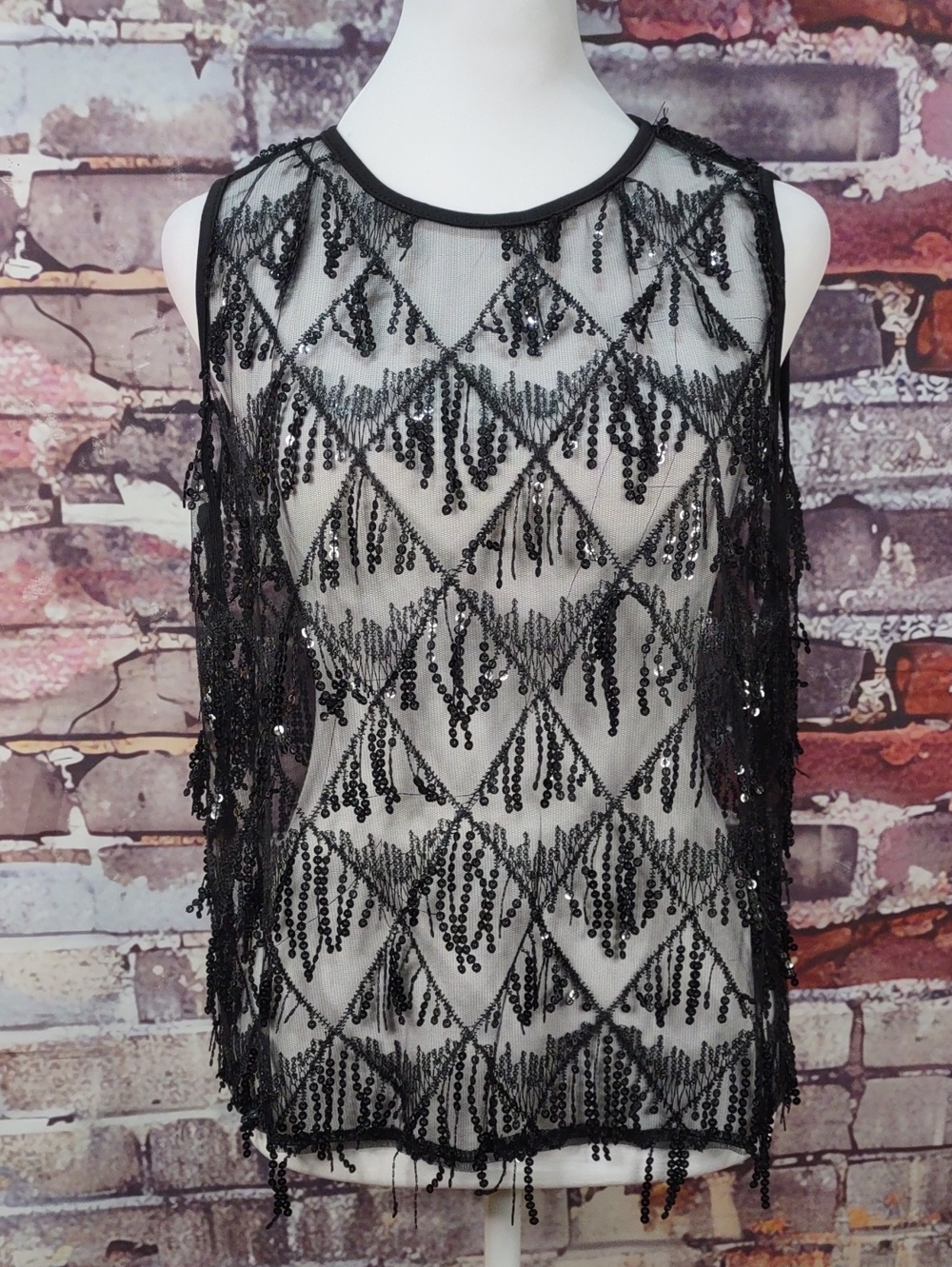 Black Sequined Fringe Mesh Sleeveless Top